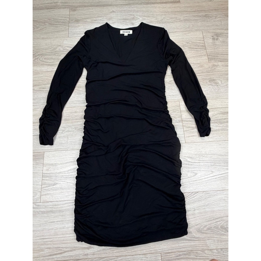 Boden Black Ruched V-Neck Long Sleeve Bodycon Dress US 10R D0713 EcoVero